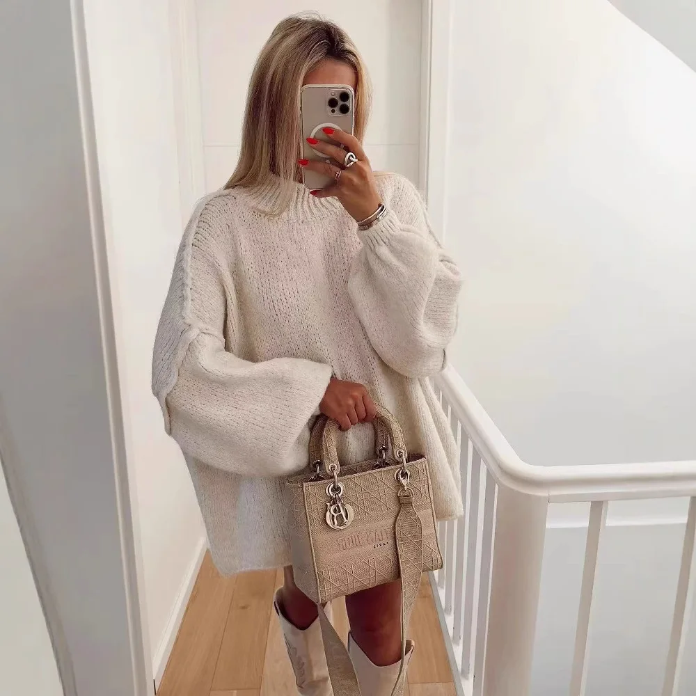 

Женский однотонный модный свободный повседневный вязаный пуловер с длинными рукавами на осень 2025 г.