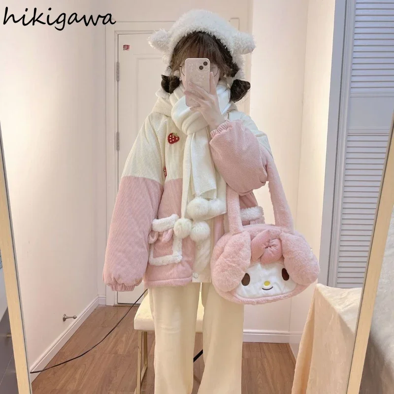 Kawaii Jackets Women Rabbit Ear Hooded Oversized Outwear Winter Clothes Embroidery Strawberry Corduroy Fashion Y2k Coat Tops