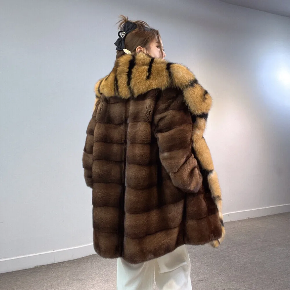 Pardessus en fourrure de vison véritable pour femmes, revers en fourrure de renard à rayures tigre, vêtements d'hiver pour femmes, manteaux de luxe, veste tendance, nouveau, 2024