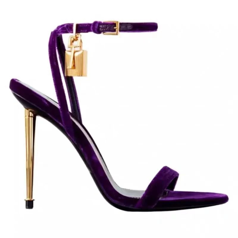 Buckle Strap Solid Color Key Lock Decoration Women Sandals Fashion Show Pointed Toe Ladies Shoes Golden Stiletto Sandals Women - view 6