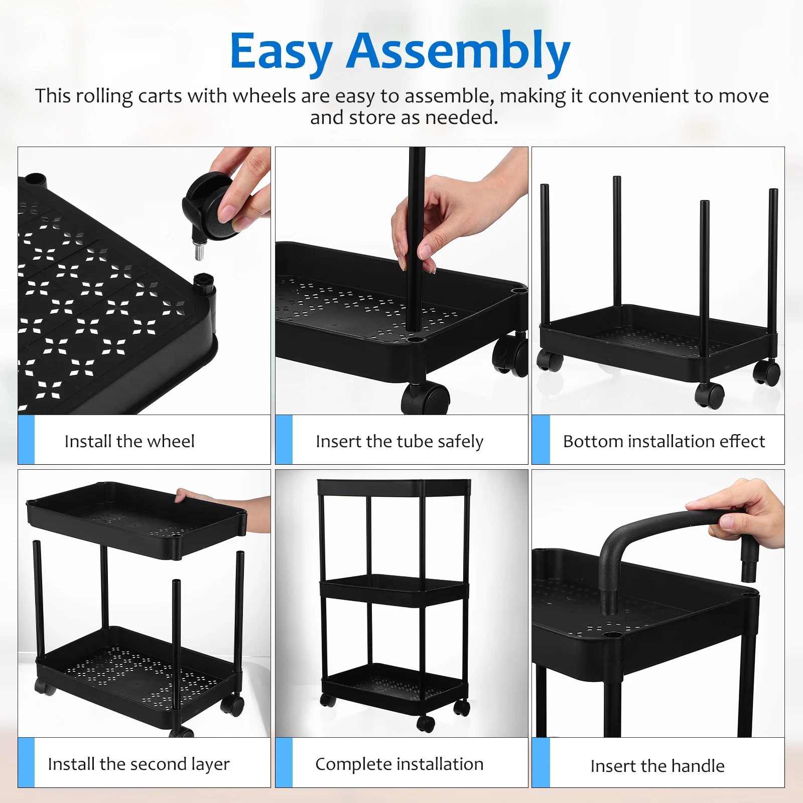 

3 Tier Black Rolling 72x37.5x26cm Multi Layer Compact Strong Storage ganizer Utility Cart With Wheels Book Bedside Snack Cart