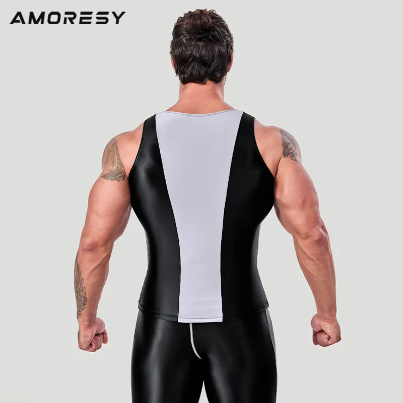 AMORESY Mode Männer Glänzende Satin Laufen Spandex Ärmellose Strumpfhosen Sport Hürde Weste Glatte Pullover Atmungsaktive Activewear Tops