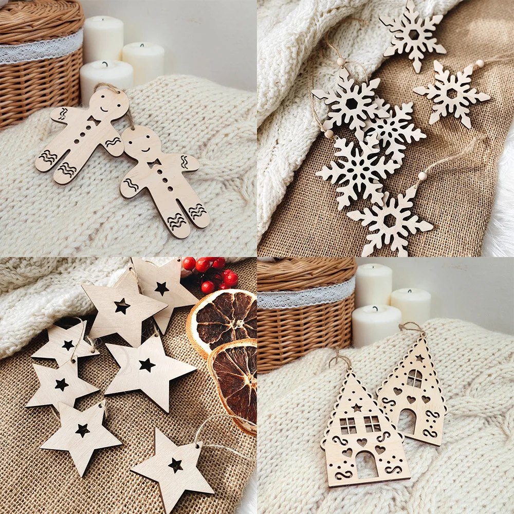Wooden Star Snowflake Decorative Pendant Christmas Atmosphere Wall Hanging Sticker Hollow Deer Gingerbread Man Shooting Prop