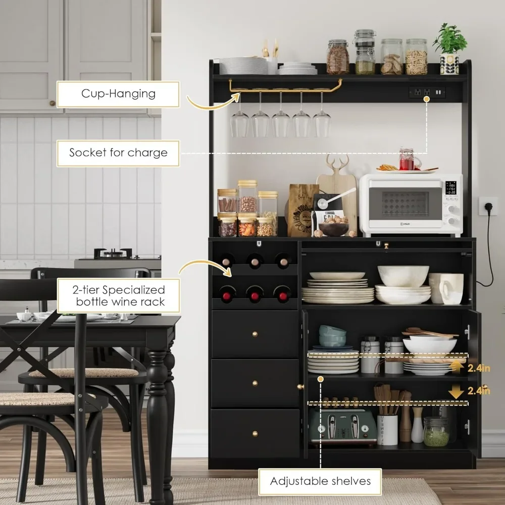 Armoire à café avec prises de courant, support pour micro-ondes, casiers à vin, planche Chi de cuisine, armoire de rangement de garde-manger de cuisine avec huche