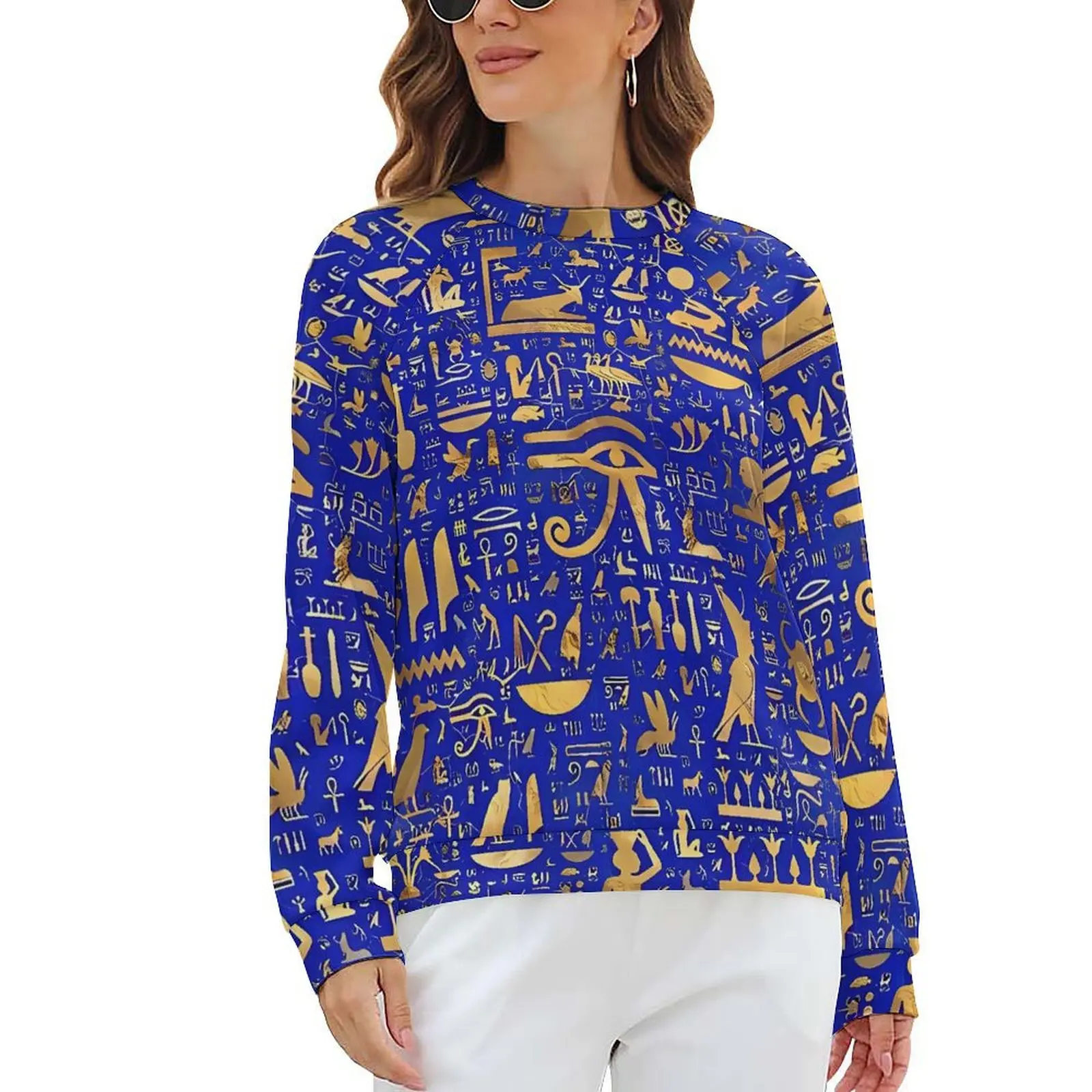 Ancient Egyptian Art Hoodies Female Blue and Gold Harajuku Casual Hoodie Long Sleeve Kawaii Design Sweatshirts Large Size