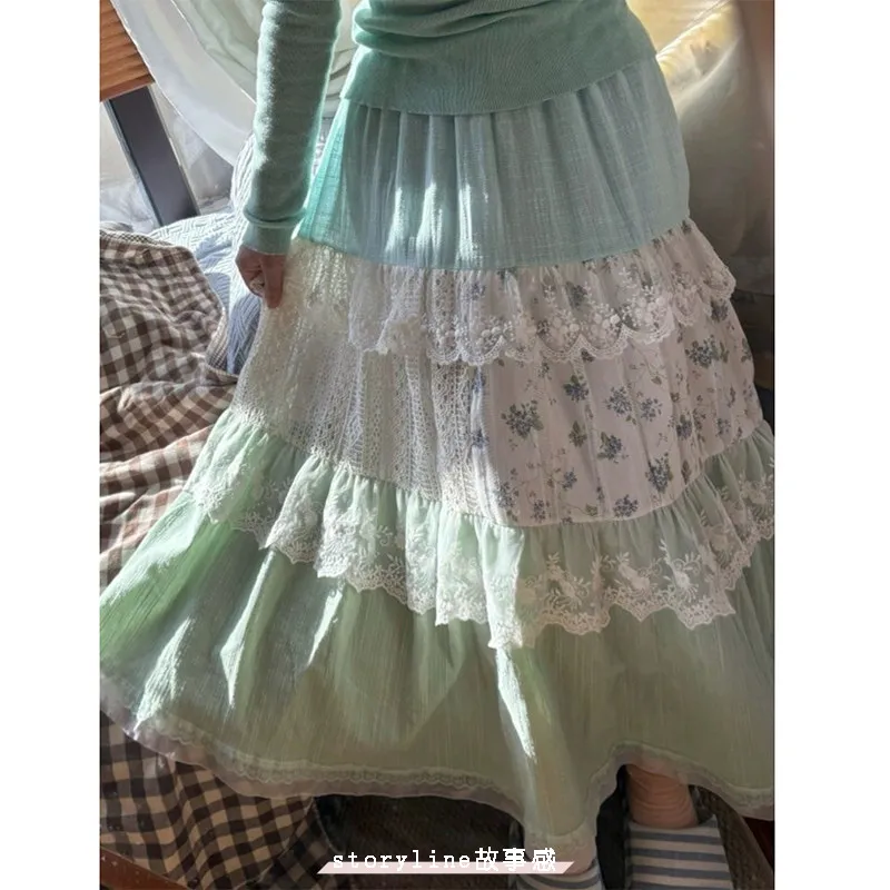 

NONSAR Pastoral Style College Floral Skirt Women Lace Stitching Cake Tutu Skirt Plaid A-line Long Skirt