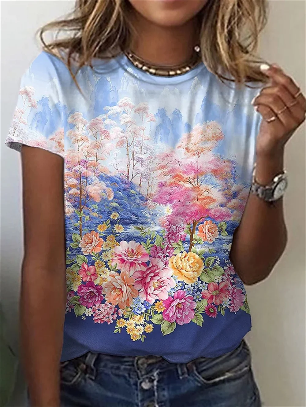 Camiseta floral de manga curta feminina, Harajuku, vintage, casual, rua alta, roupa feminina, moda verão, nova