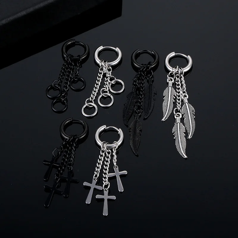 Korean Version Of The Tassel Chain Feather Stainless Steel Coil Earrings Titanium Steel Ear Bone Buckle Men's Hip Hop Earrings