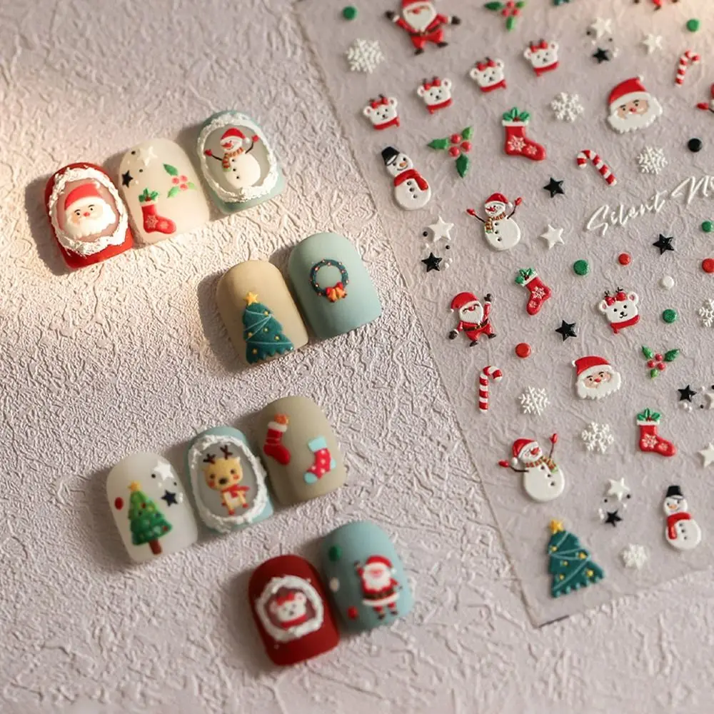 

Snowman Christmas Nail Stickers Cute Snowflake Deer Nail Art Decals 5D Embossed Three-dimensional Manicure Stickers