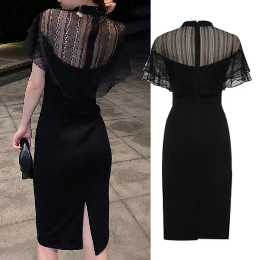 

French Design Perspective Lace Stitching Package Hip Black Dress Women Summer Slim Waist Temperament Dresses q279