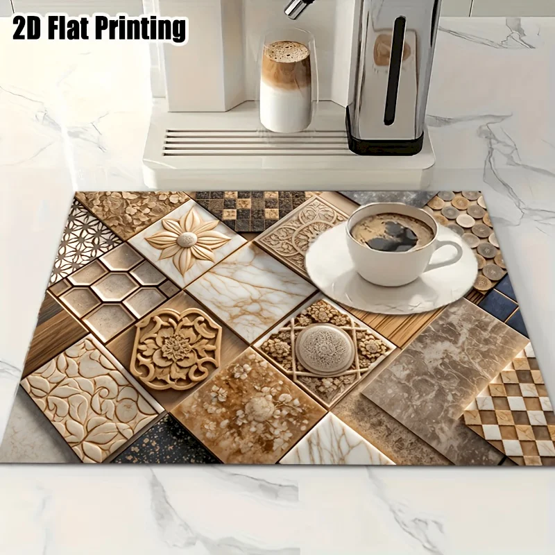 VIKAMA Retro Patch Ceramic Tile Drainage Pad, Absorbent Anti Slip Countertop Pad, Quick Drying Drainage Pad, Home Decoration