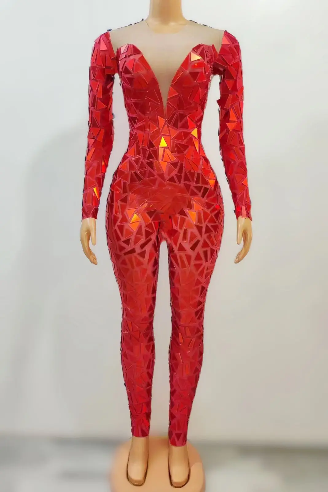 Gold Blue Red Flashing Full Mirrors Long Sleeves Transparent Jumpsuit Birthday Celebrate Costume Evening Women Dance Bodysuit