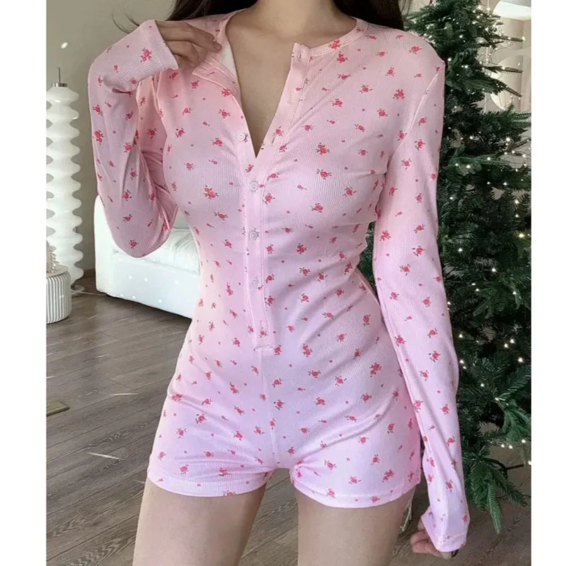 

L-4XL большие женские комбинезоны с круглым вырезом, обычные однобортные комбинезоны с длинными рукавами, домашняя одежда, милые комбинезоны с цветочным принтом в компакт-диске и ABDL