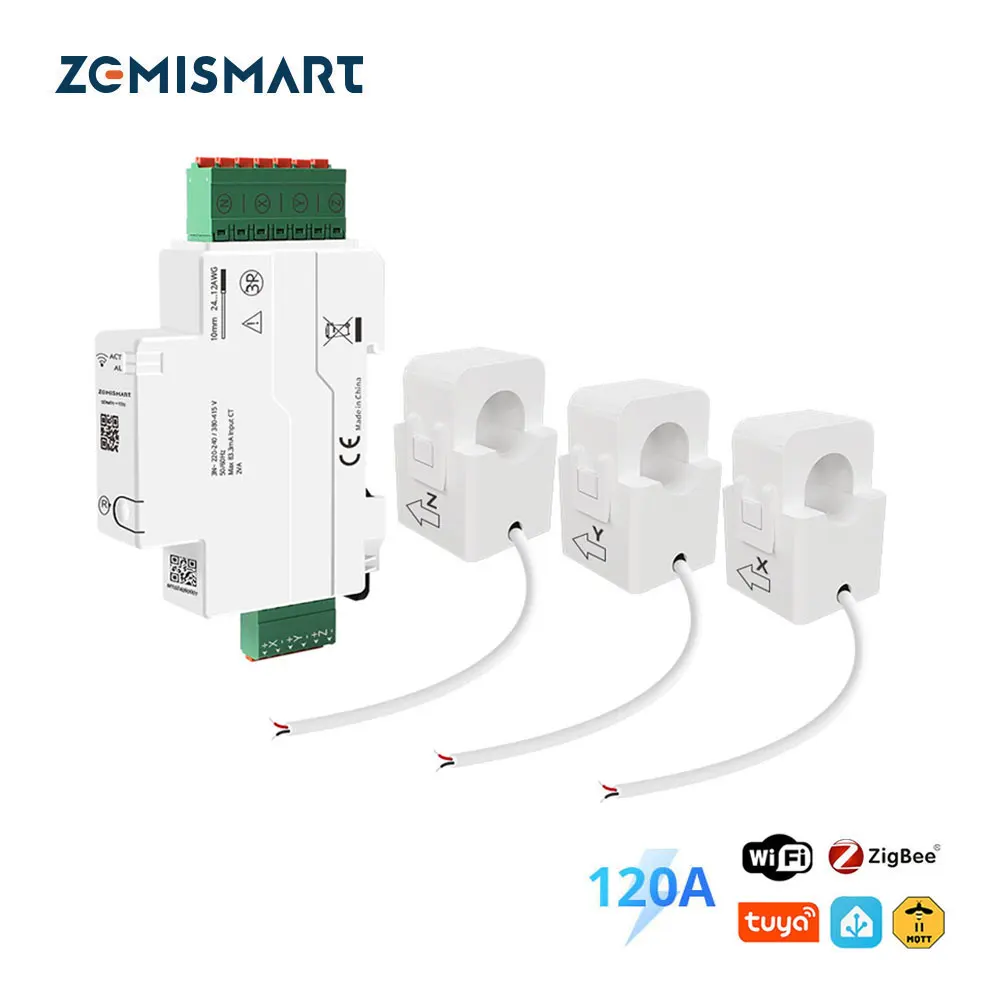 Zemismart 120A Tuya Zigbee WiFi 3 Phase Energy Meter Smart Din-rail Power Monitor Withdrawable Split-core CTs 220V 240V