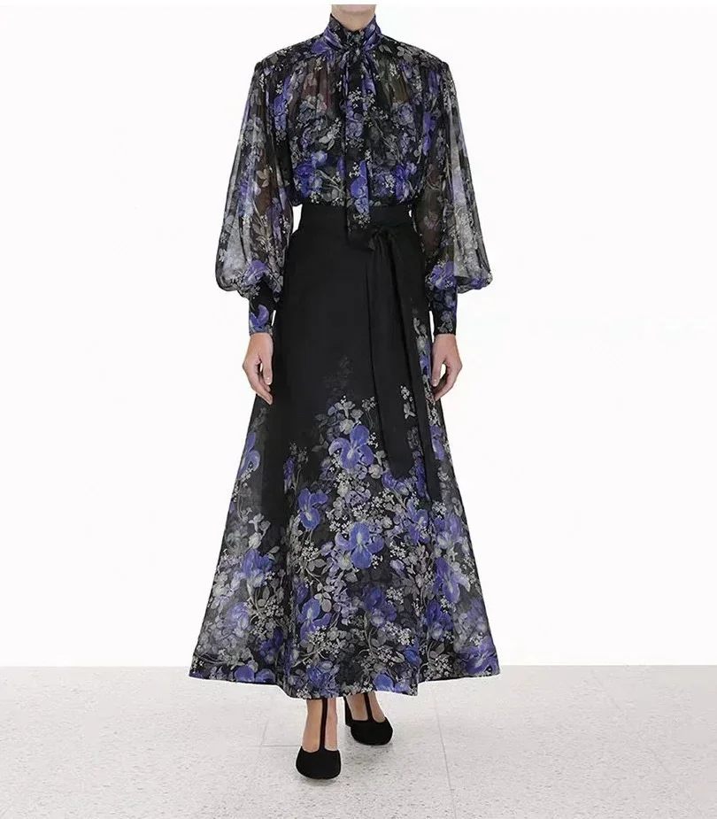 

2023 New Black Violet Floral Print Long Sleeve Blouse and High Waisted A-line Skirt Elegant Set for Women