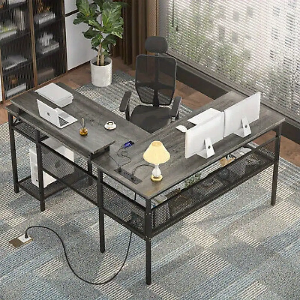 

L Shaped Computer Desk Desk w/Outlets & Lights Home Office Corner Desk