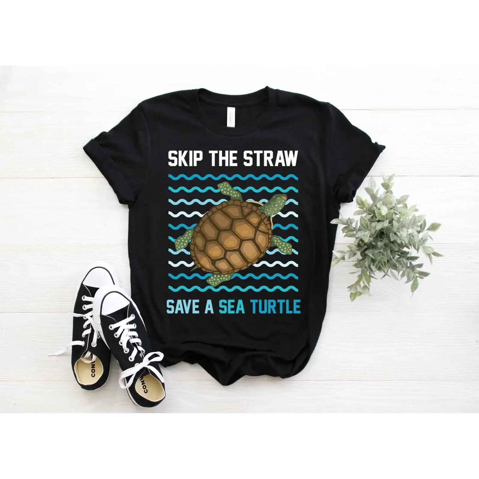 Skip The Straw Save A Sea Turtle T Shirt Ocean Environmental Protection Marine Animal Lover s Casual Tops vintage Washed