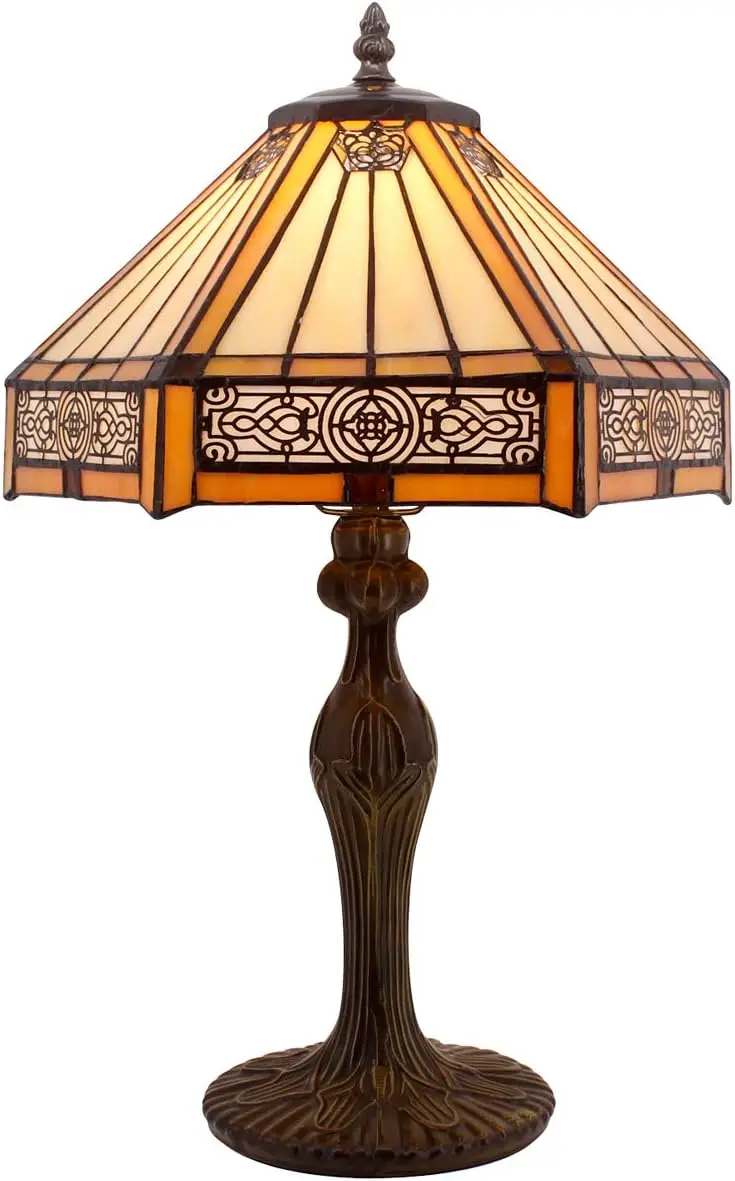 Lámpara de mesa de vitral hexagonal amarillo Tiffany, 12x10x18, estilo misión, luz de noche para escritorio, dormitorio, sala de estar, hogar