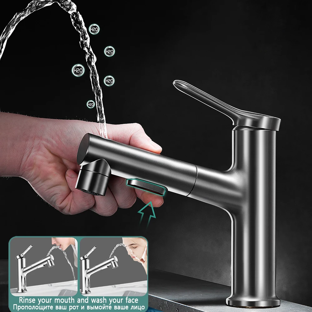 Bathroom Pull Out Sink Faucet Hot and Cold Water Mixer Faucet White/Black/Gray Deck Mounted Basin Faucets 3 Way Wash Gargle Taps