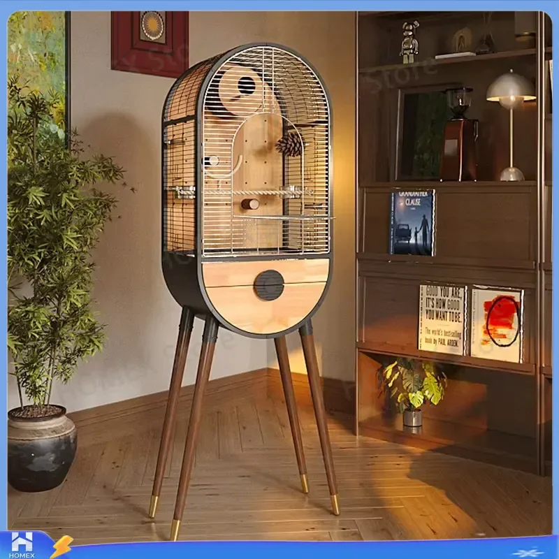 Large Triangle Bird Cage Natural Solid Wood Stainless Steel Double Deck Modern Luxury Parrot Cockatiel Aviary Easy Clean Pet