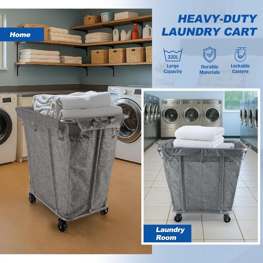 عربة غسيل كبيرة بعجلات للاستخدام التجاري والمنزلي بسعة 320 لتر و9 بوشيل 32.3 لتر × 19.7 وات × 30.7 ارتفاع إطار فولاذي بوصة