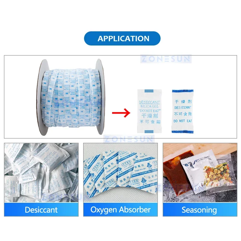 Zonesun dispensador automático de pacotes, dessecante, absorvedor de oxigênio, mistura de tempero, corte de mistura de alimentos, equipamento de embalagem