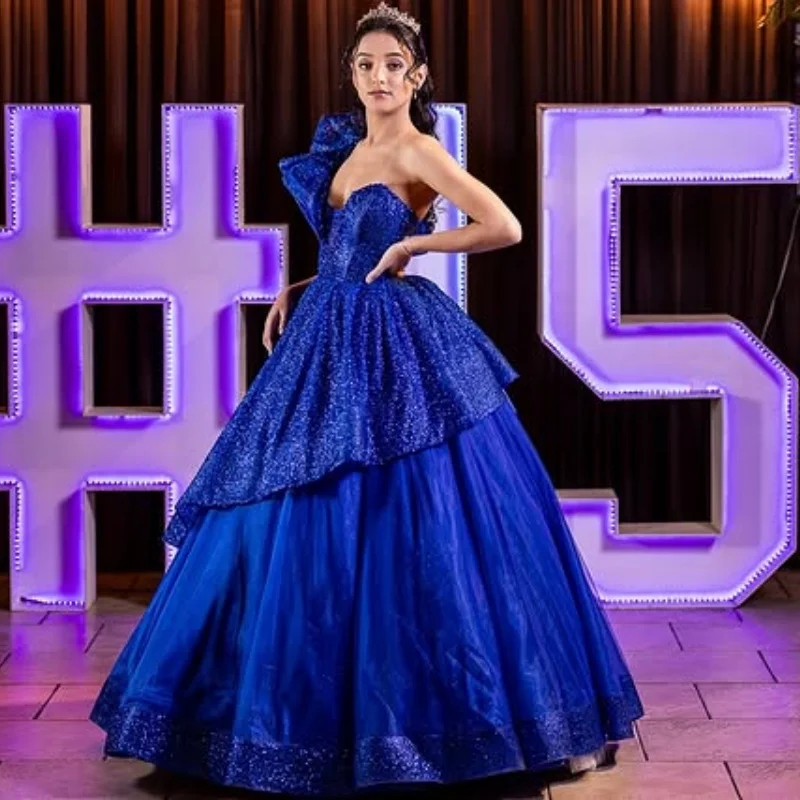 

Customized blue Quinceanera Dresses Off the Shoulder glitter decal Tull Long tail Vestido 15 Quinceanera