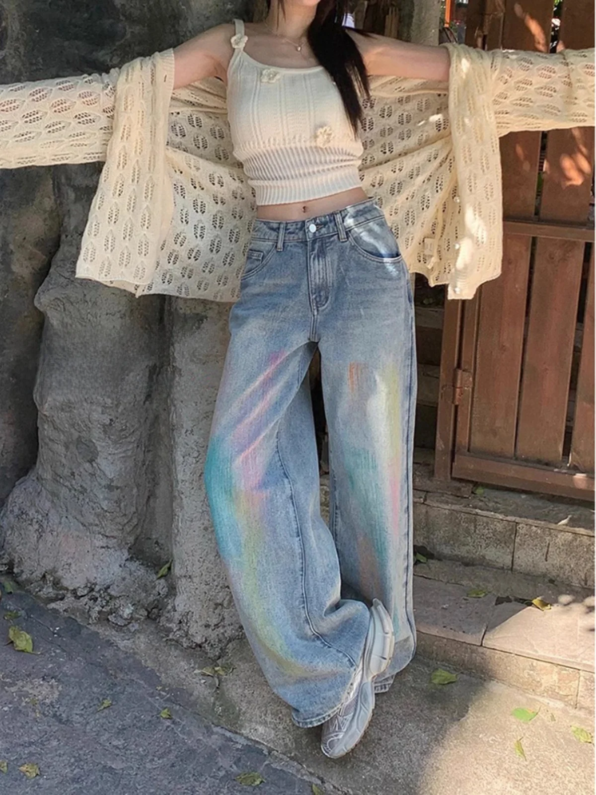 

Retro Rainbow Gradient Wide Leg Jeans Women's High Waist Loose Straight Tube Pants Design Sense Floor-Length Long Pants