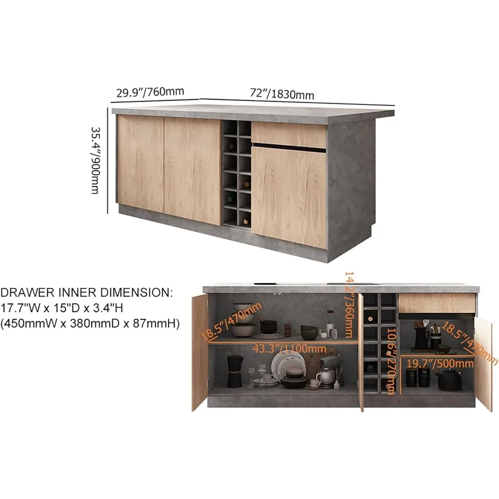 جزيرة مطبخ مقاس 72 بوصة مع مساحة تخزين، جزيرة مطبخ خشبية على الطراز الياباني مع مقاعد وأضواء LED رمادية