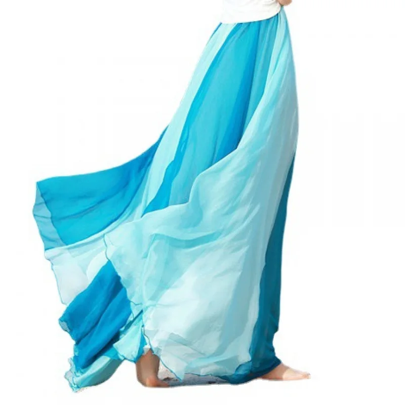 A large swing floor-length women's skirt with a two-color chiffon patchwork, Bohemian long skirt