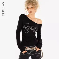 Yedinas Black Graphic T Shirts 2000s Clothes Y2k Long Sleeve Korean Fashion Tees Female Clothing Spring Autumn Tops Tshirts Chic