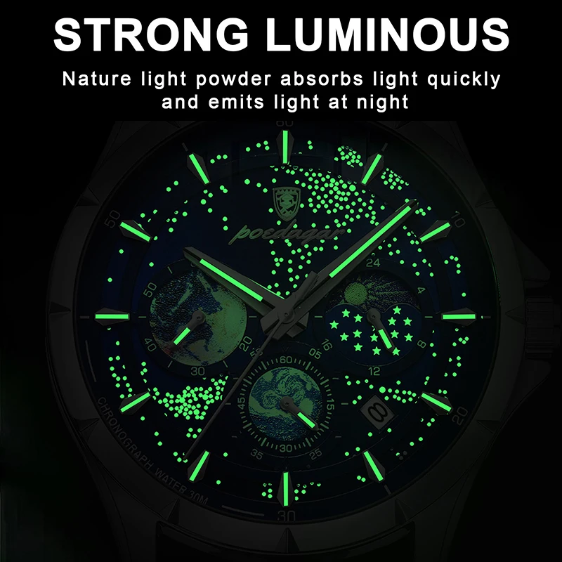 POEDAGAR Luminous Men Quartz Wristwatches Luxury Sport Stopwatch Waterproof Brand Male Clock Business Stainless Steel Man Montre