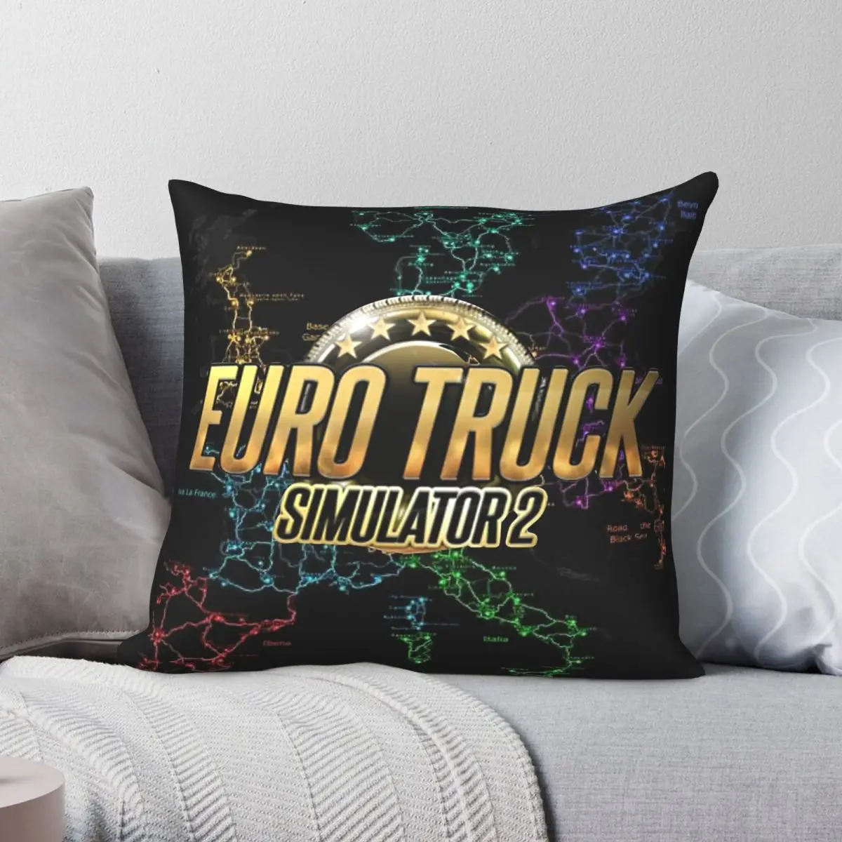 Euro Truck Simulator 2 Capa de almofada quadrada de poliéster, linho, padrão de veludo, com zíper, capa decorativa para almofada de casa