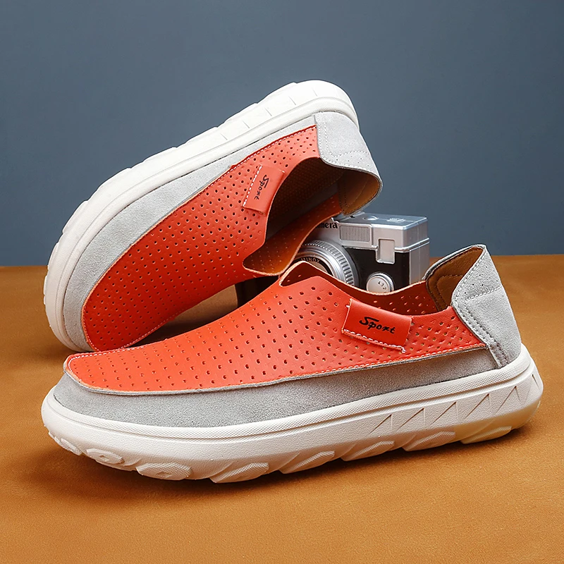 Men's Yellow Perforated Comfortable Loafers Breathable Thick Soled Casual Walking Shoes Outdoor Hollow Hiking Shoes Size：39-46