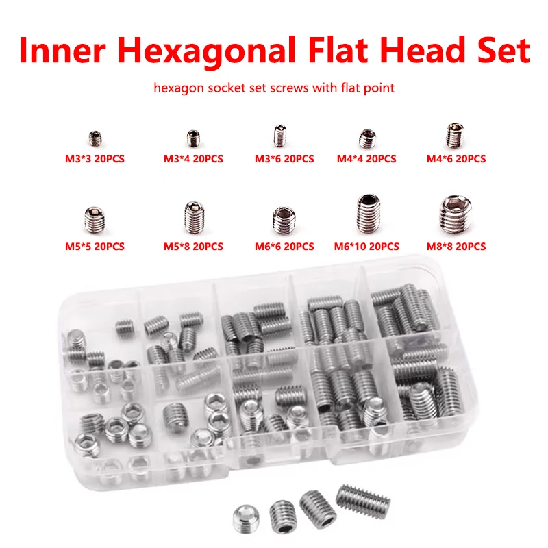 

M3 M4 M5 M6 M8 304 Stainless Steel Headless Set Screws Kit with Internal Hexagonal Fixing Screws and Cylindrical Head Bolts