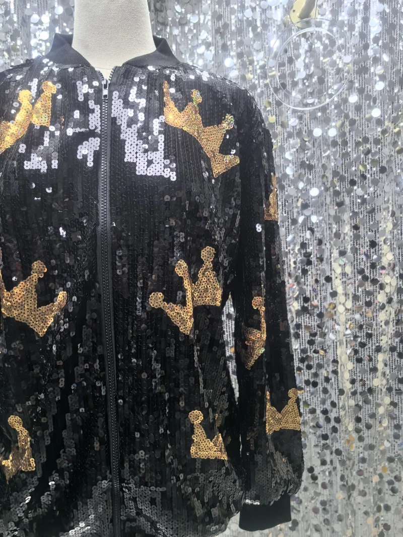 Sequins Hip Hop Zipper Women's Coats Autumn And Winter Long Sleeve Geometry Casual Streetwear Loose Outerwear Jackets