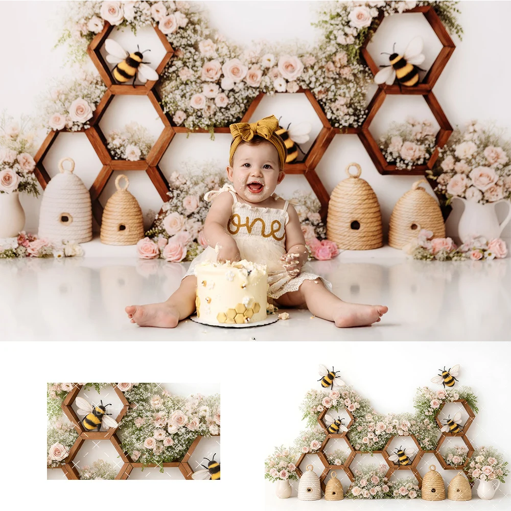 かわいい蜂ハニカム背景キッズベビー-1-歳の誕生日ケーキスマッシュ小道具子供-photocall-装飾写真撮影の背景