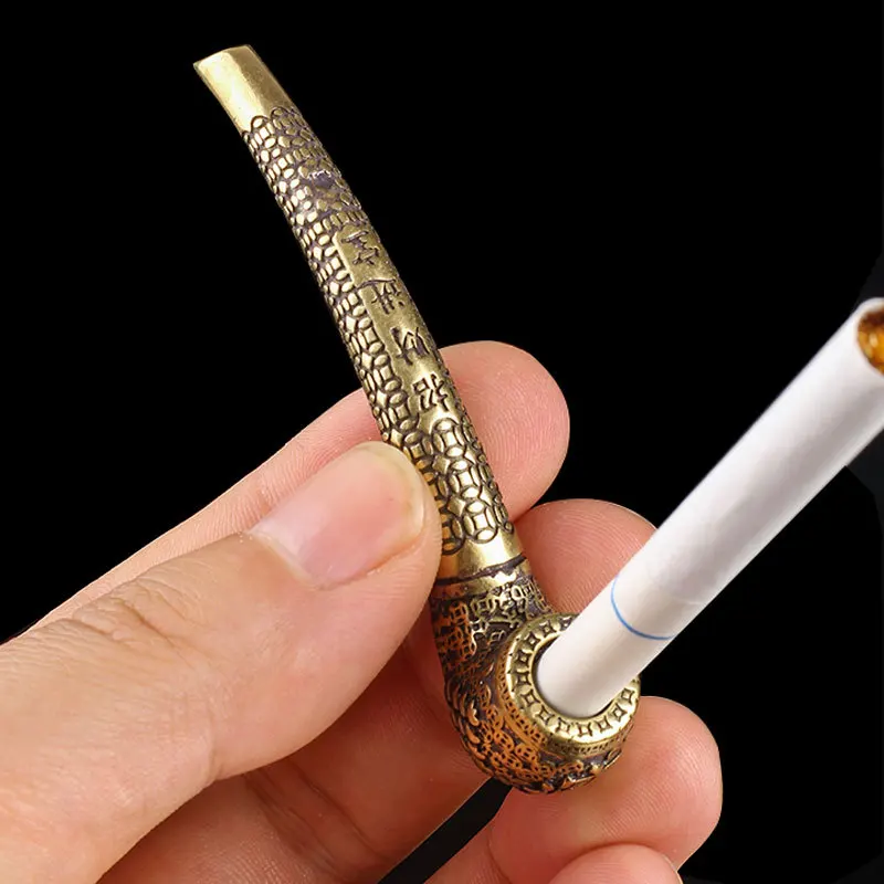 Vintage Brass Bent Smoking Tobacco Pipe Accessories Chinese Traditional Pure Copper Cigarette Holder Collections