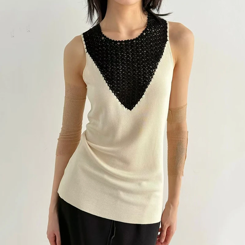 

2025 Summer new fashion handmade crochet patchwork knit camisole, sleeveless colour clashing vest, high quality tops