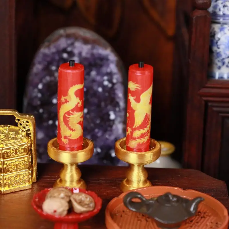 

1Pair new Doll Accessories Playing House Scene Model 1:12 Scale Dollhouse Candle Holder Mini Dragon Phoenix Candlestick Kids Toy