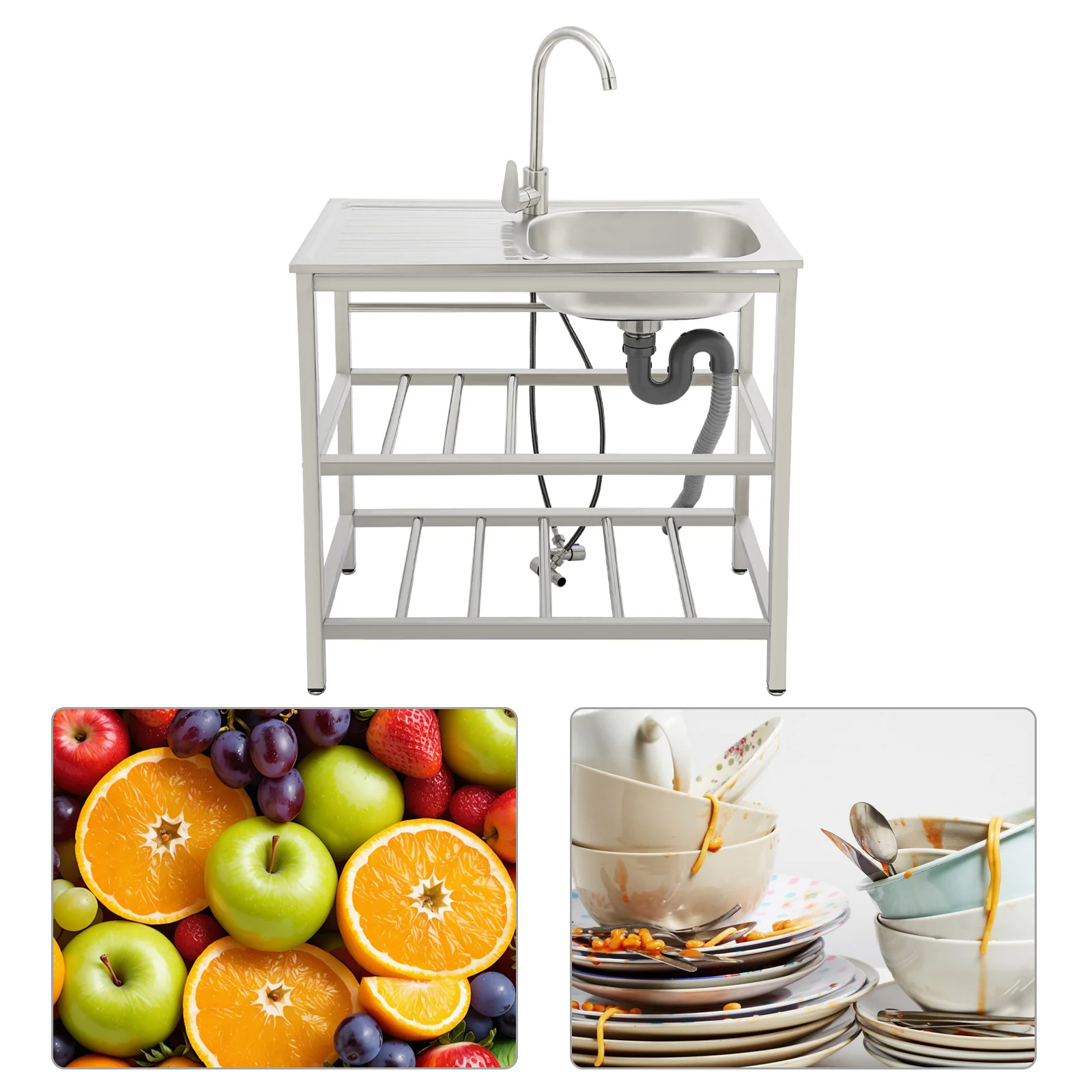 

Stainless Steel Freestanding Single Bowl Utility Sink, Equipped with Workbench & Under Storage Shelves, Commercial Restaurant Kitchen Sink