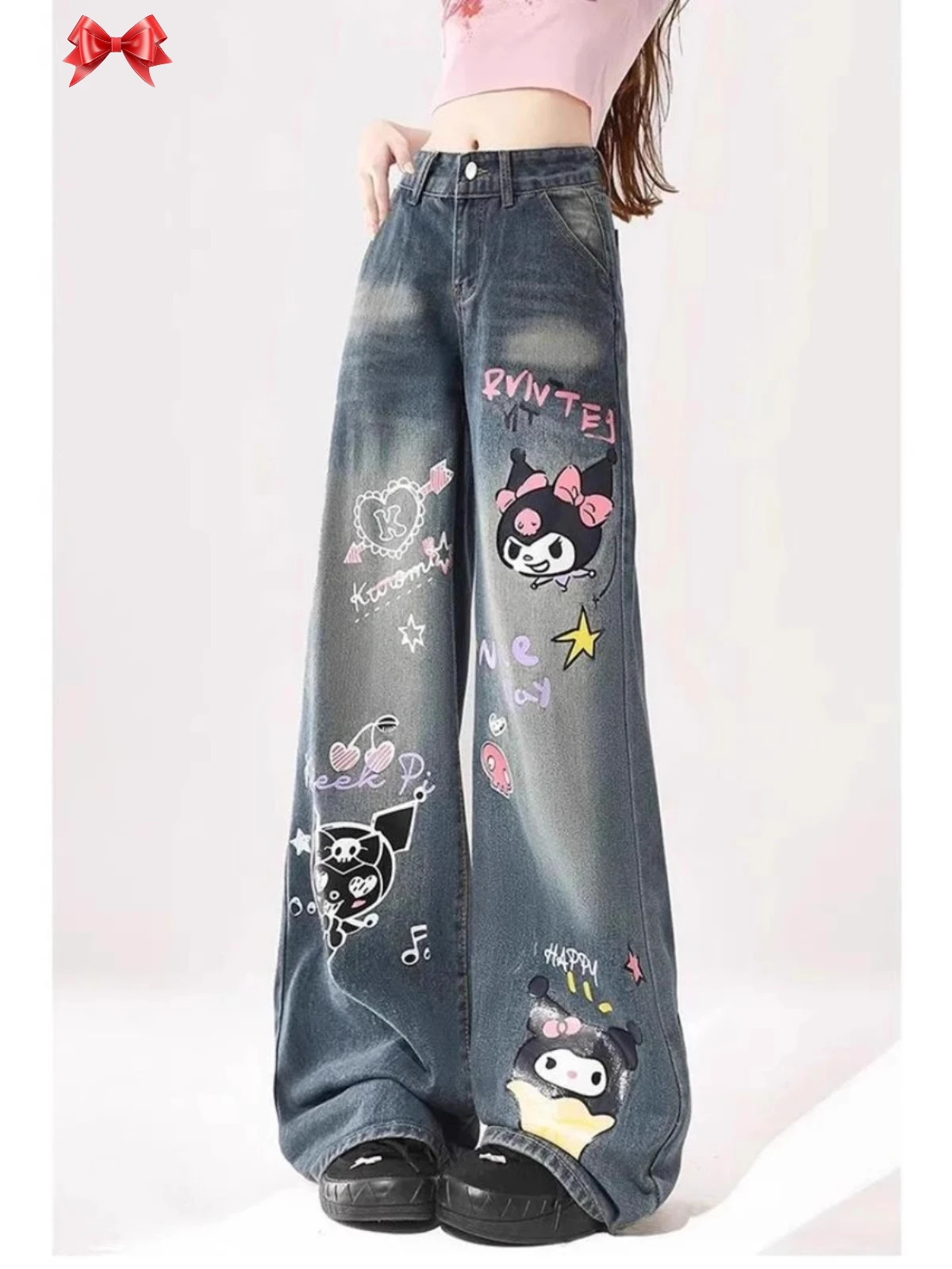 

Sanrio Kuromi New Graffiti Jeans For Women High Waisted Wide Leg Demin Pants Y2k Gifts Hip Hop Gothic Emo Jeans Korean Style Yk2