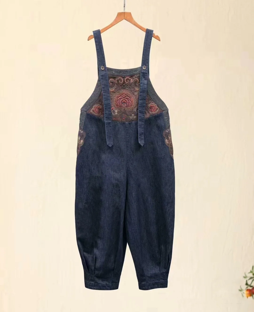 National style jeans overalls Blue cotton linen embroidery Women's cargo Pants Vintage loose casual denim pants High quality