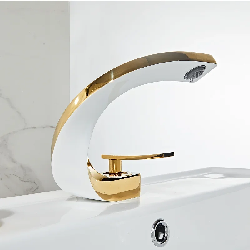 Brass Bathroom Basin Cold Hot Water Mixer Sink Deck Mounted White Rose Gold Tap