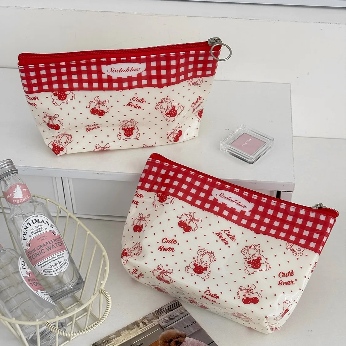 Cherry Red PVC Storage Bag Cute Cartoon Print Cosmtic Bag Waterproof Skincare Data Cable Miscellaneous Handheld Bag Makeup Bag