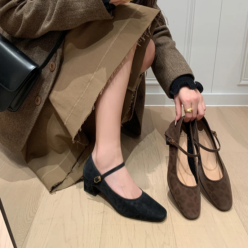 

Mary Janes Women Cow Leather Leopard Print Square Toe Ankle Strap Chunky Heel Mid Heel Dress Shoes