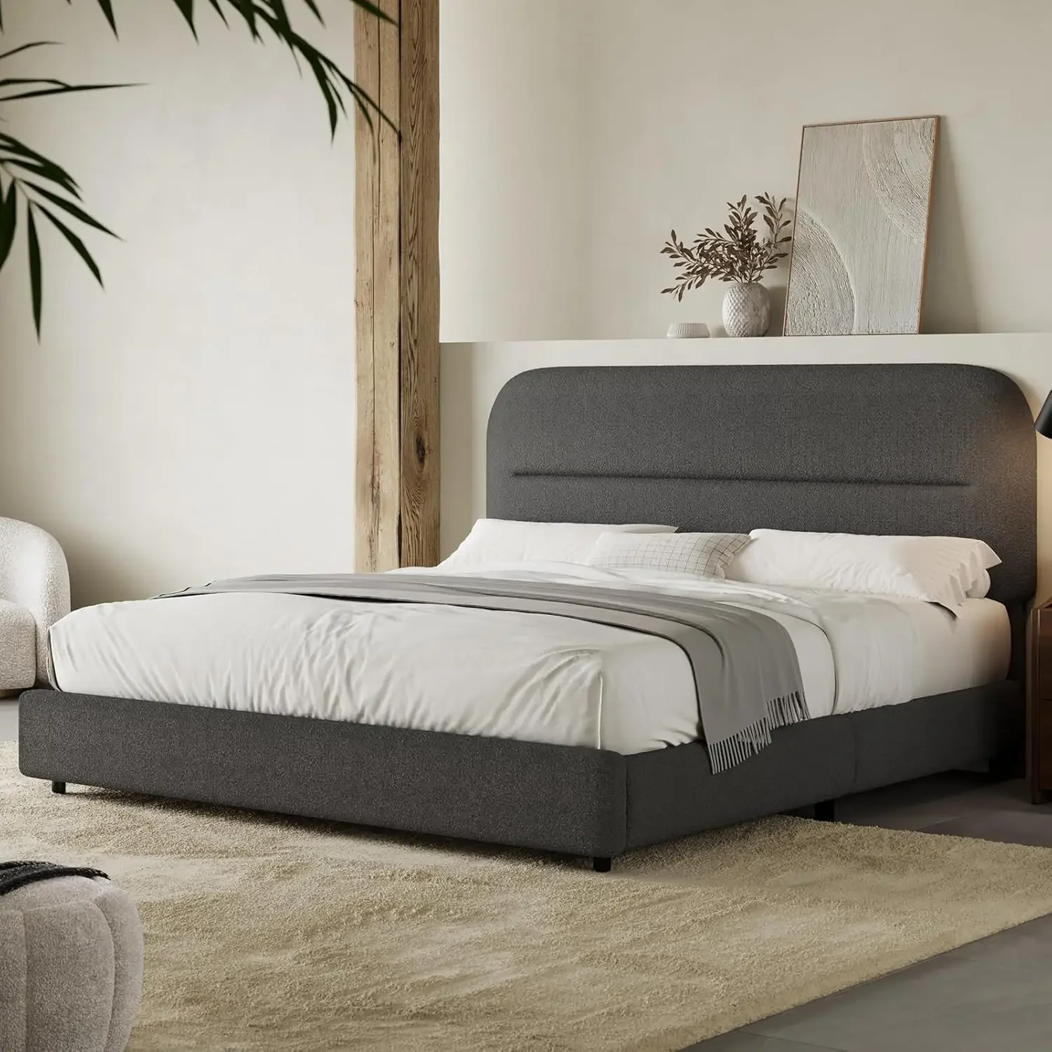 

Queen Bed Frame, Boucle Upholstered Bed Frame with Headboard, Soft Cloud Bed Frame with Thickened Footboard.