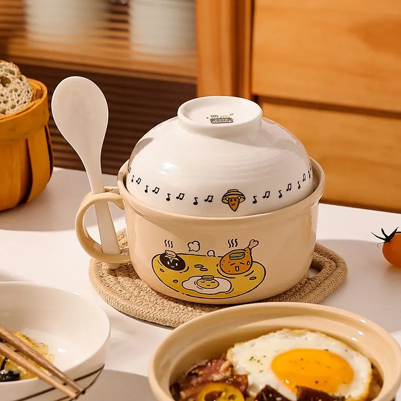 Fun Instant Noodle Bowl High-value with Cover Bowl Office Workers Large-capacity Instant Soup Cup Household Ceramic Bowl