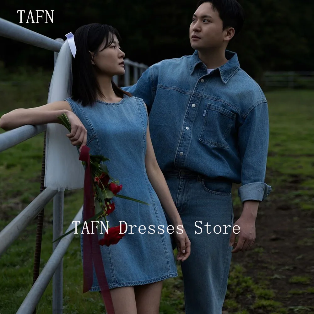 TAFN Simple Jean Skirt for Couple Photo Shoot O-Neck Sleeveless Short Dresses A-line Bridal Gown Mini Wedding Dresses