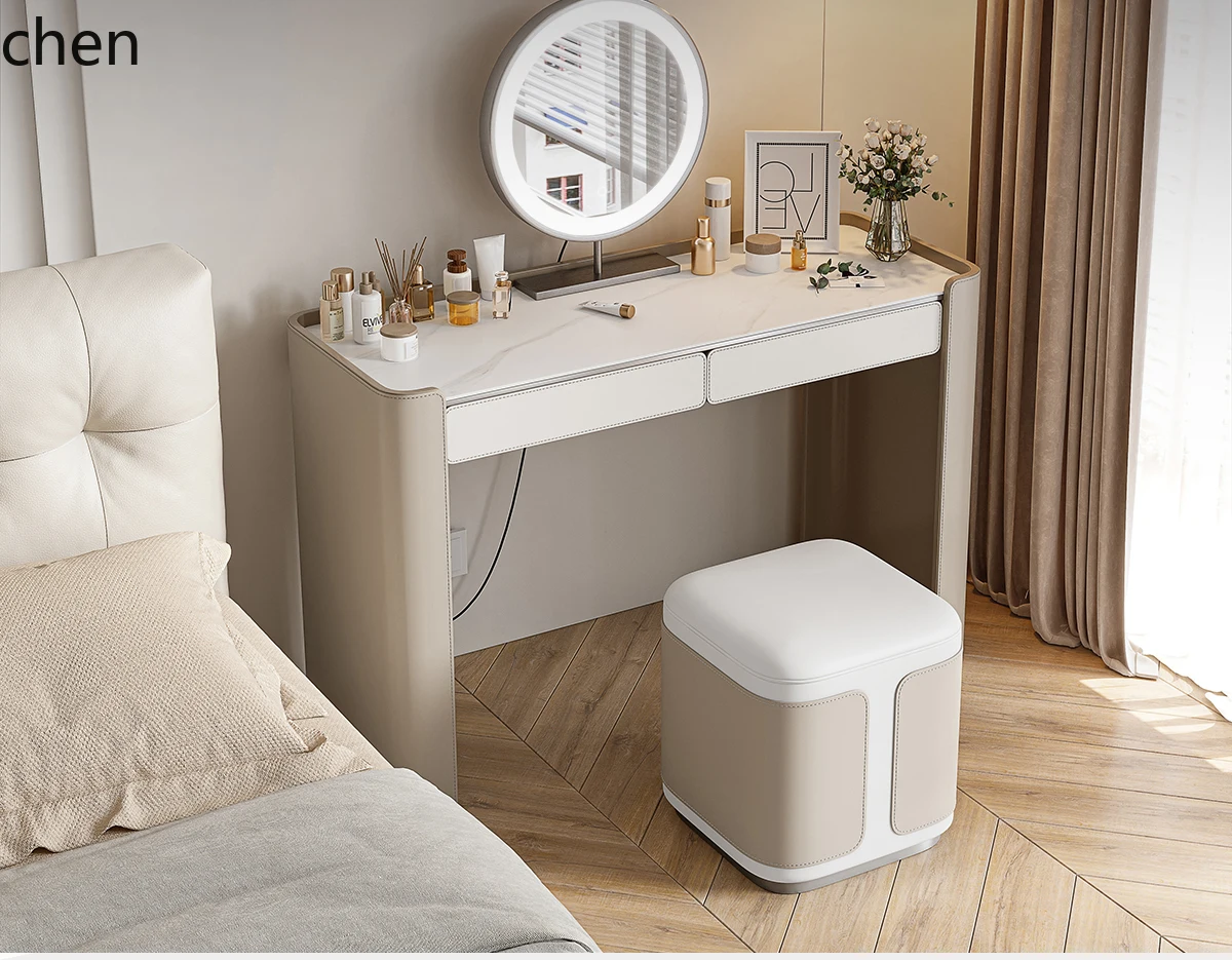 HXL Bedside Dressing Table Cream Style Bedroom Saddle Leather Makeup Table Master Bedroom Makeup Desk